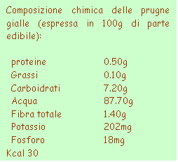 Casella di testo: Composizione chimica delle prugne gialle (espressa in 100g di parte edibile):    proteine	0.50g  Grassi	0.10g  Carboidrati	7.20g  Acqua	87.70g  Fibra totale	1.40g  Potassio	202mg  Fosforo	18mg  Kcal 30  